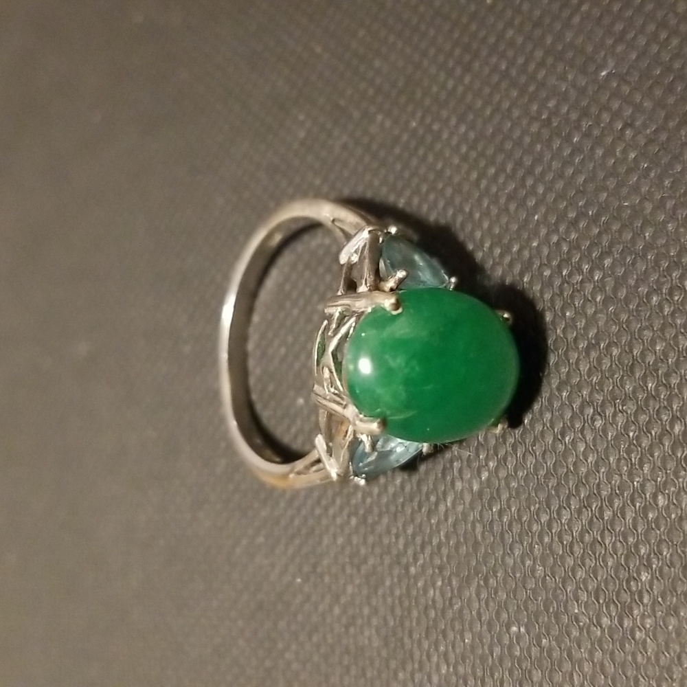 Sterling silver ring with green stone and blue gems